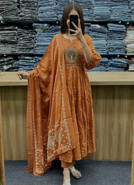 Akshar Orange Mal Cotton Anarkali Wholesale Kurti With Bottom Dupatta In India